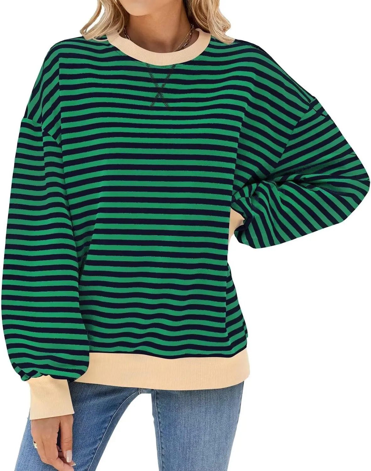 WELINCO Womens Oversized Striped Color Block Sweatshirts Long Sleeve Crewneck Casual Loose Fitting Pullovers Tops Shirts