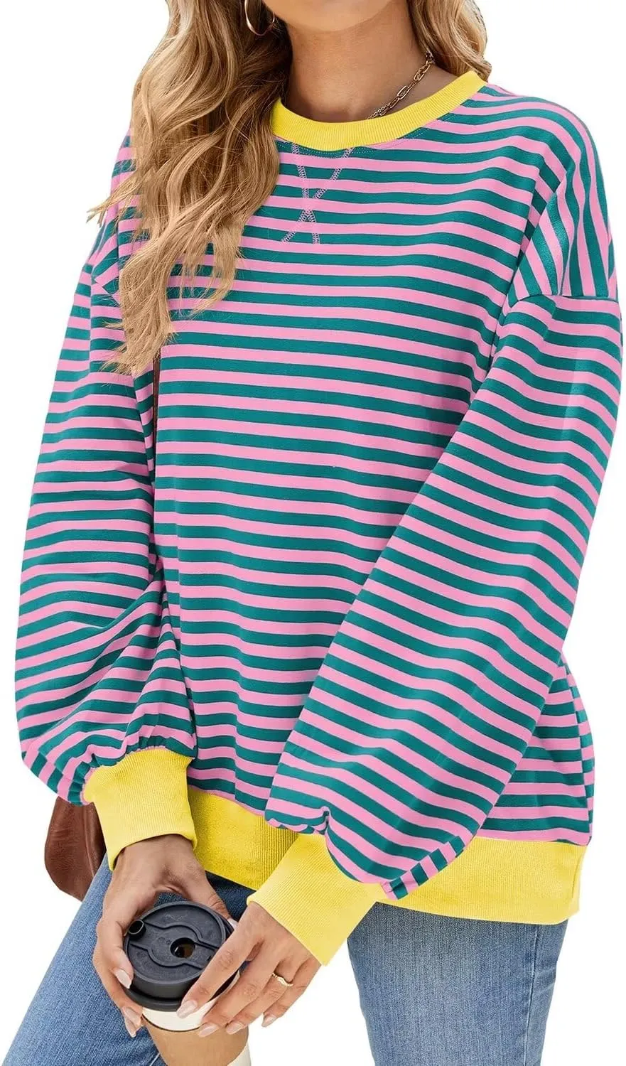 WELINCO Womens Oversized Striped Color Block Sweatshirts Long Sleeve Crewneck Casual Loose Fitting Pullovers Tops Shirts