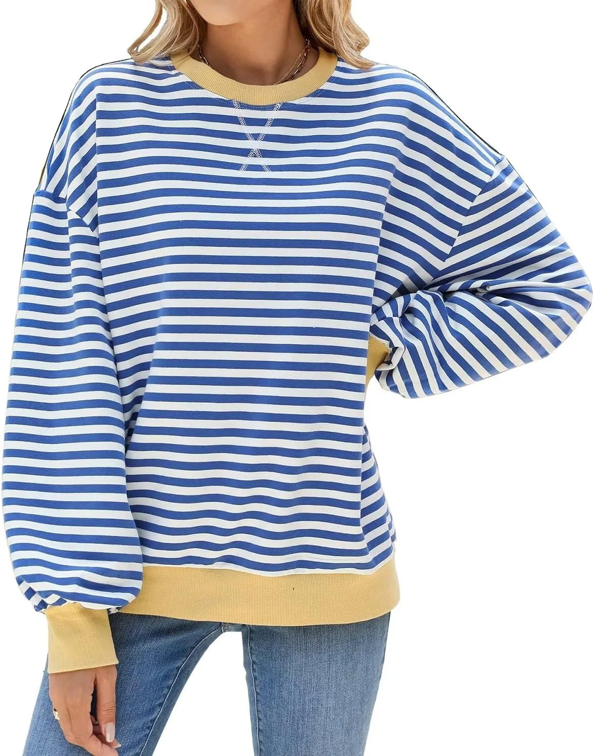 WELINCO Womens Oversized Striped Color Block Sweatshirts Long Sleeve Crewneck Casual Loose Fitting Pullovers Tops Shirts