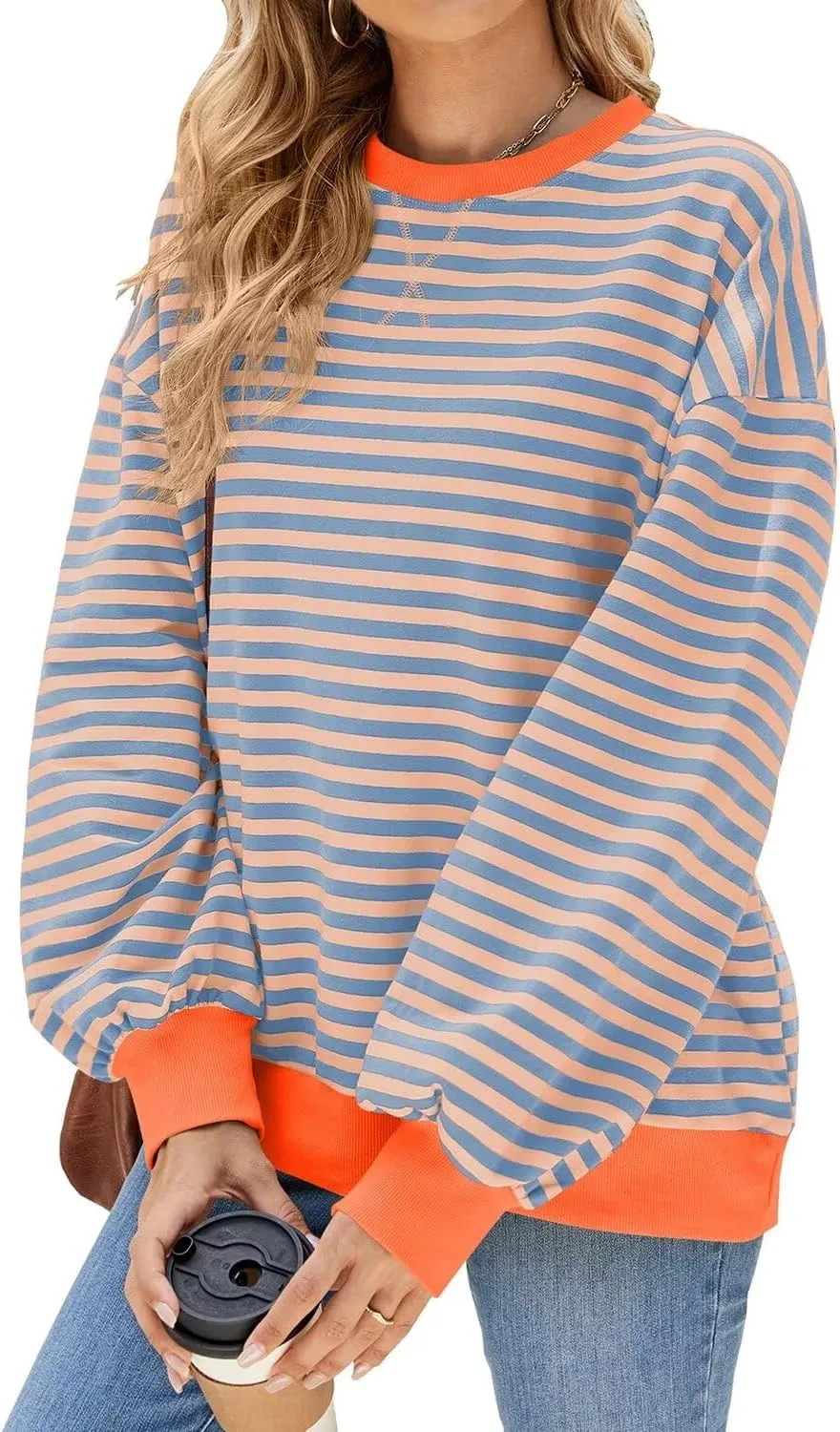 WELINCO Womens Oversized Striped Color Block Sweatshirts Long Sleeve Crewneck Casual Loose Fitting Pullovers Tops Shirts