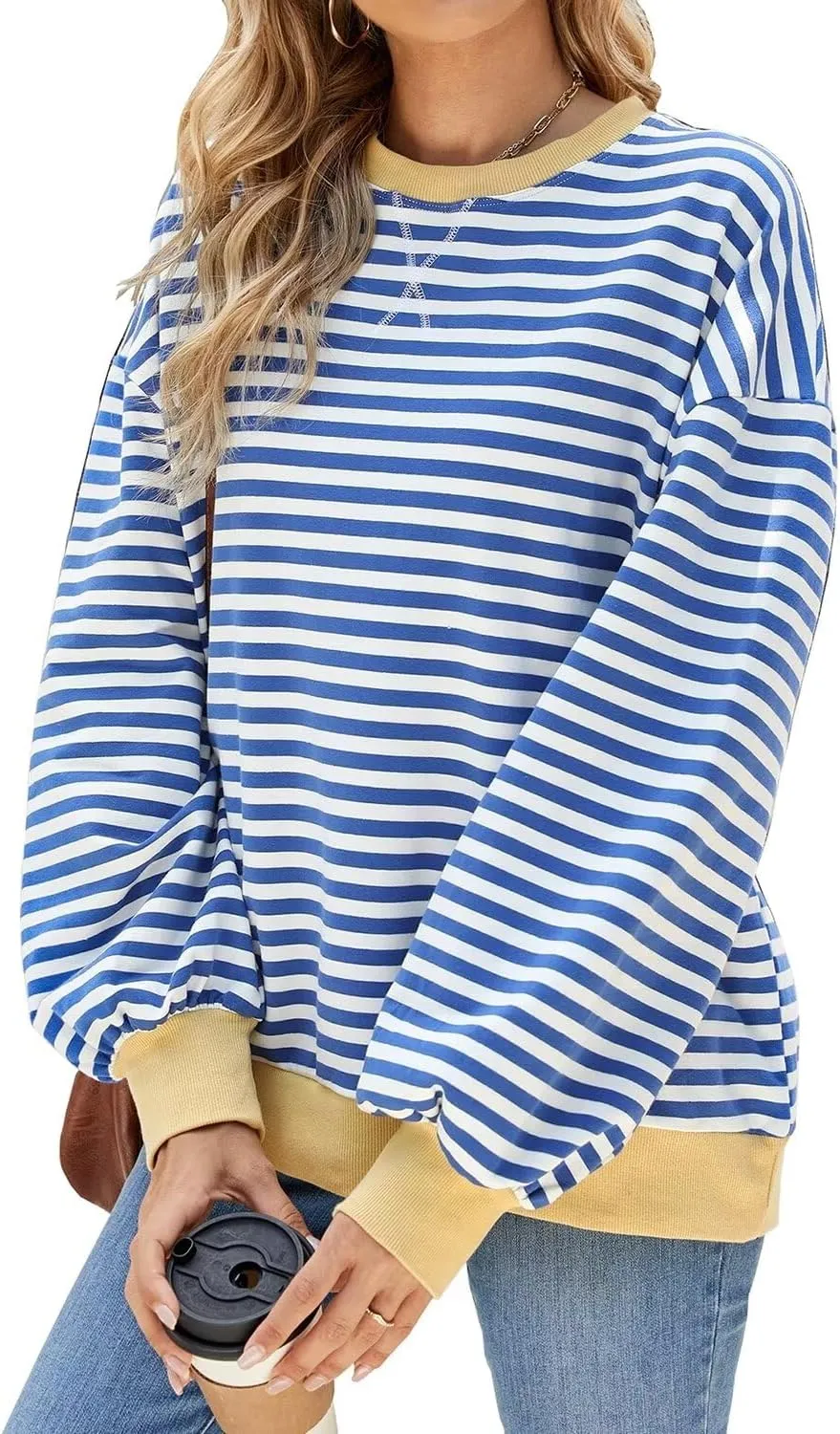 WELINCO Womens Oversized Striped Color Block Sweatshirts Long Sleeve Crewneck Casual Loose Fitting Pullovers Tops Shirts