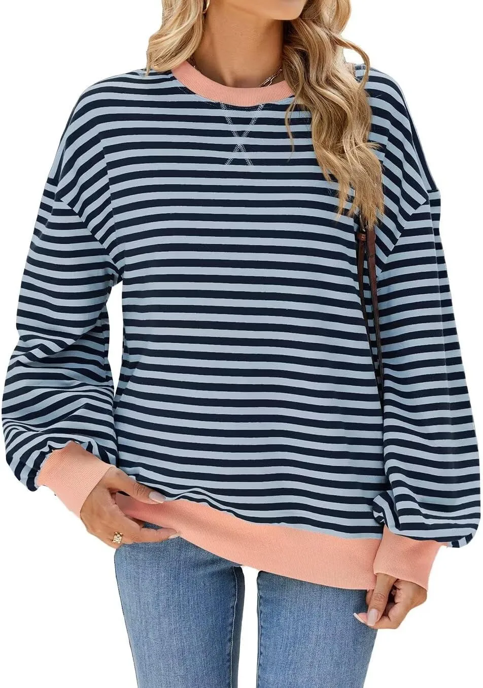 WELINCO Womens Oversized Striped Color Block Sweatshirts Long Sleeve Crewneck Casual Loose Fitting Pullovers Tops Shirts