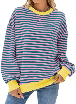 WELINCO Womens Oversized Striped Color Block Sweatshirts Long Sleeve Crewneck Casual Loose Fitting Pullovers Tops Shirts