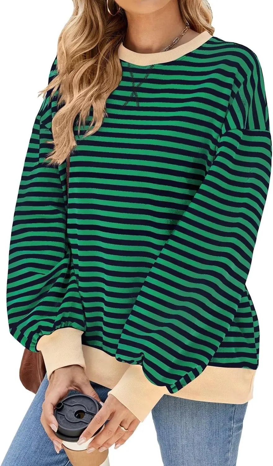 WELINCO Womens Oversized Striped Color Block Sweatshirts Long Sleeve Crewneck Casual Loose Fitting Pullovers Tops Shirts