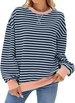 WELINCO Womens Oversized Striped Color Block Sweatshirts Long Sleeve Crewneck Casual Loose Fitting Pullovers Tops Shirts