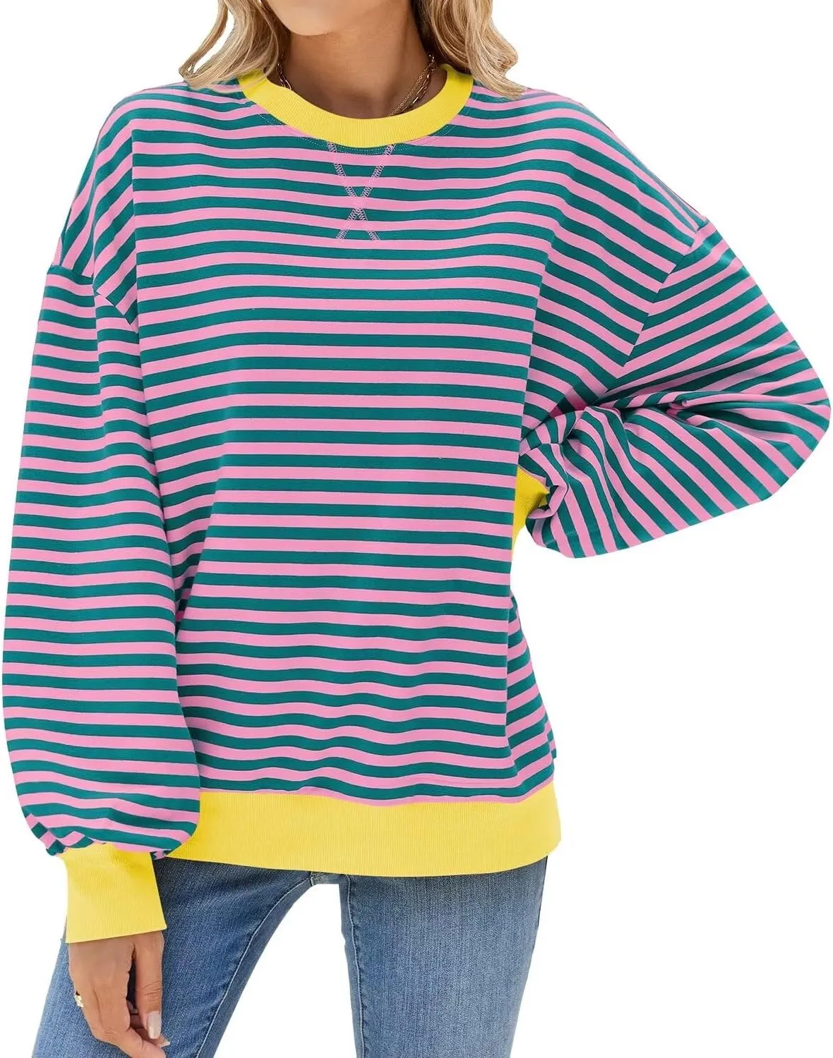 WELINCO Womens Oversized Striped Color Block Sweatshirts Long Sleeve Crewneck Casual Loose Fitting Pullovers Tops Shirts