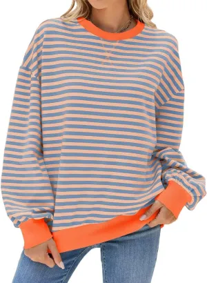WELINCO Womens Oversized Striped Color Block Sweatshirts Long Sleeve Crewneck Casual Loose Fitting Pullovers Tops Shirts