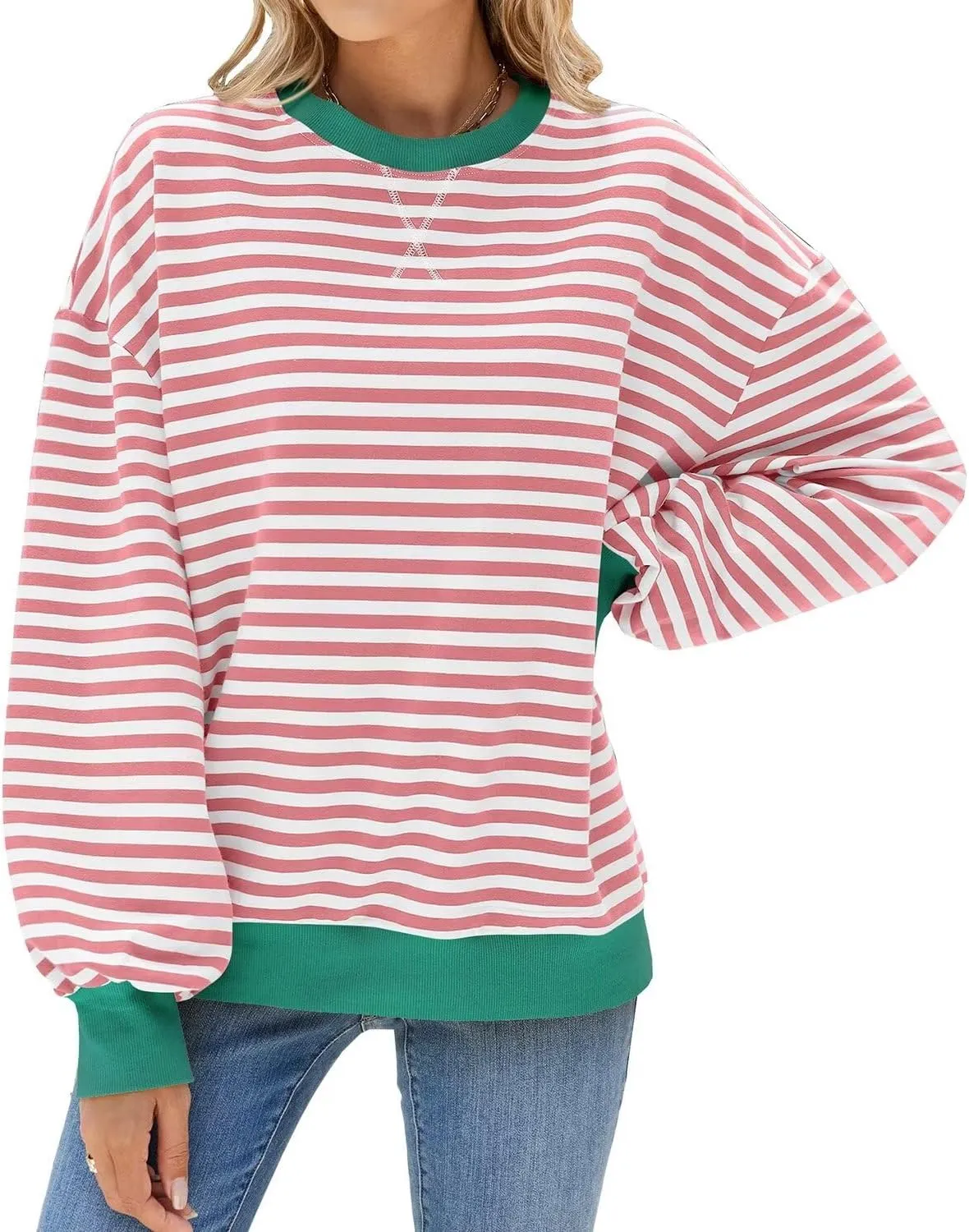 WELINCO Womens Oversized Striped Color Block Sweatshirts Long Sleeve Crewneck Casual Loose Fitting Pullovers Tops Shirts