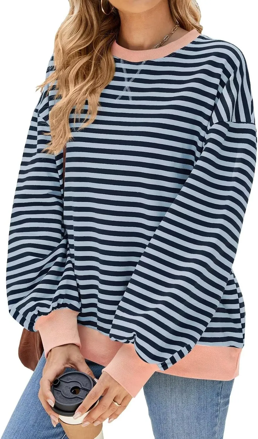 WELINCO Womens Oversized Striped Color Block Sweatshirts Long Sleeve Crewneck Casual Loose Fitting Pullovers Tops Shirts