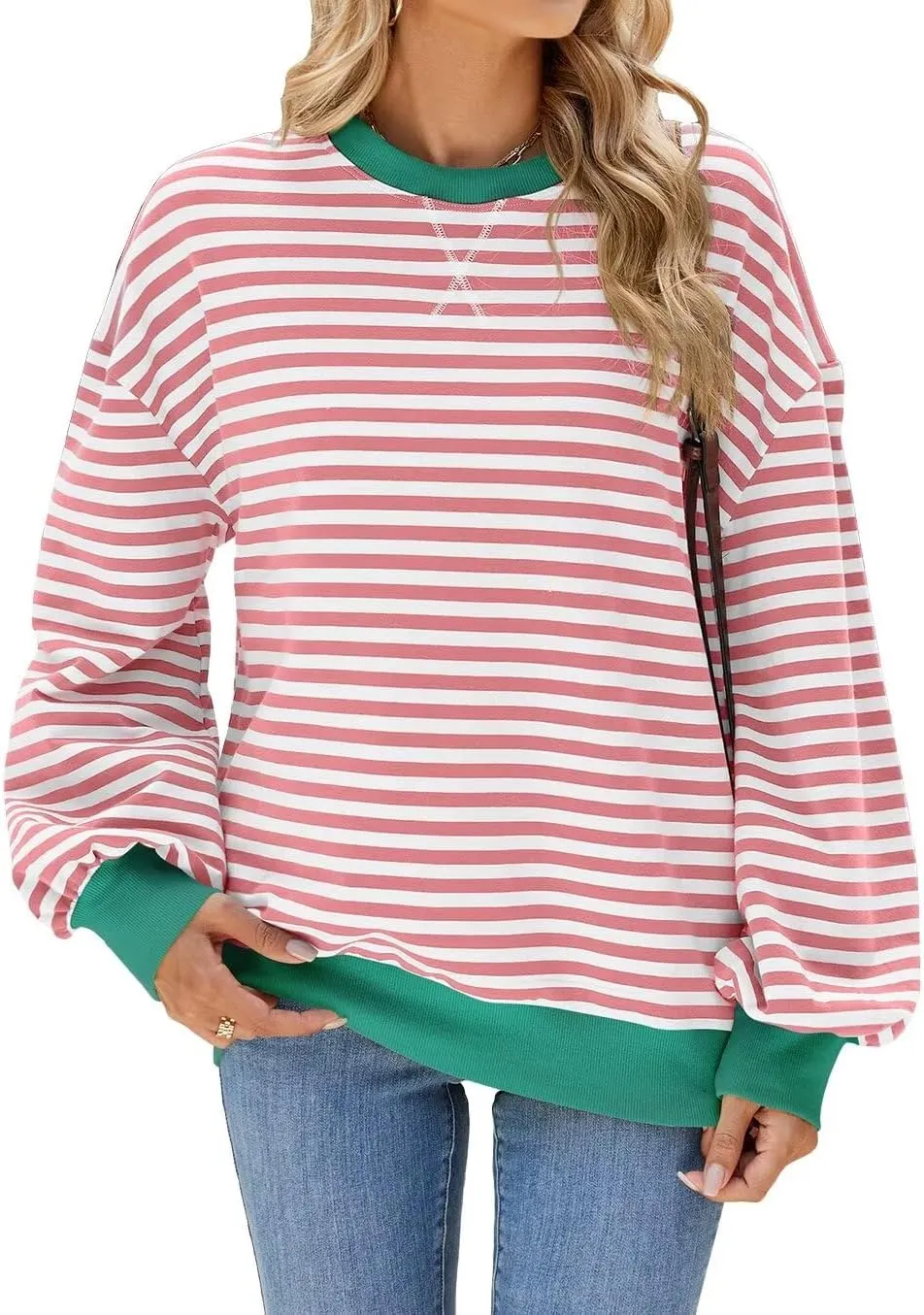WELINCO Womens Oversized Striped Color Block Sweatshirts Long Sleeve Crewneck Casual Loose Fitting Pullovers Tops Shirts