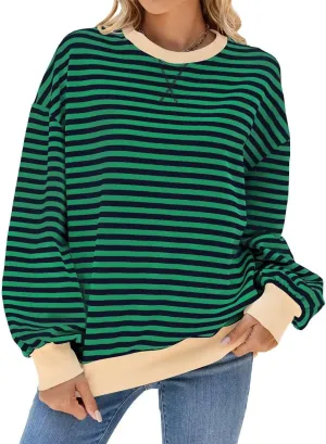 WELINCO Womens Oversized Striped Color Block Sweatshirts Long Sleeve Crewneck Casual Loose Fitting Pullovers Tops Shirts