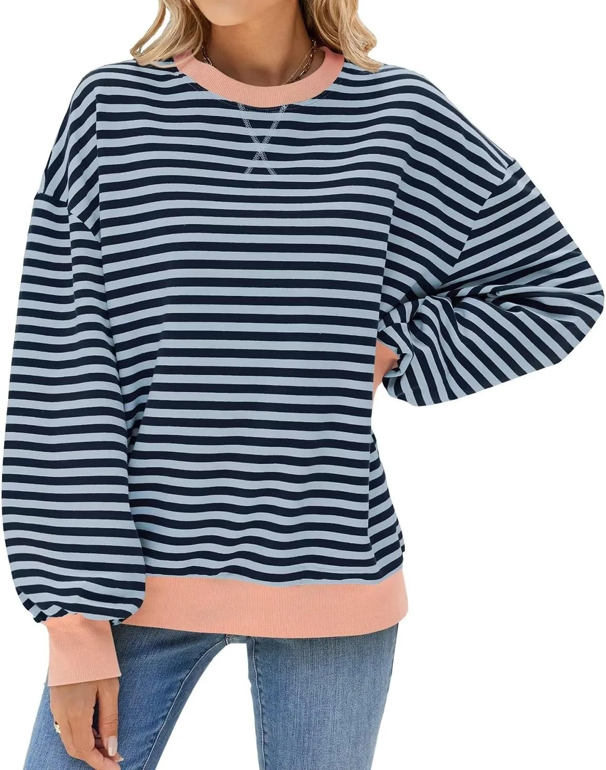 WELINCO Womens Oversized Striped Color Block Sweatshirts Long Sleeve Crewneck Casual Loose Fitting Pullovers Tops Shirts