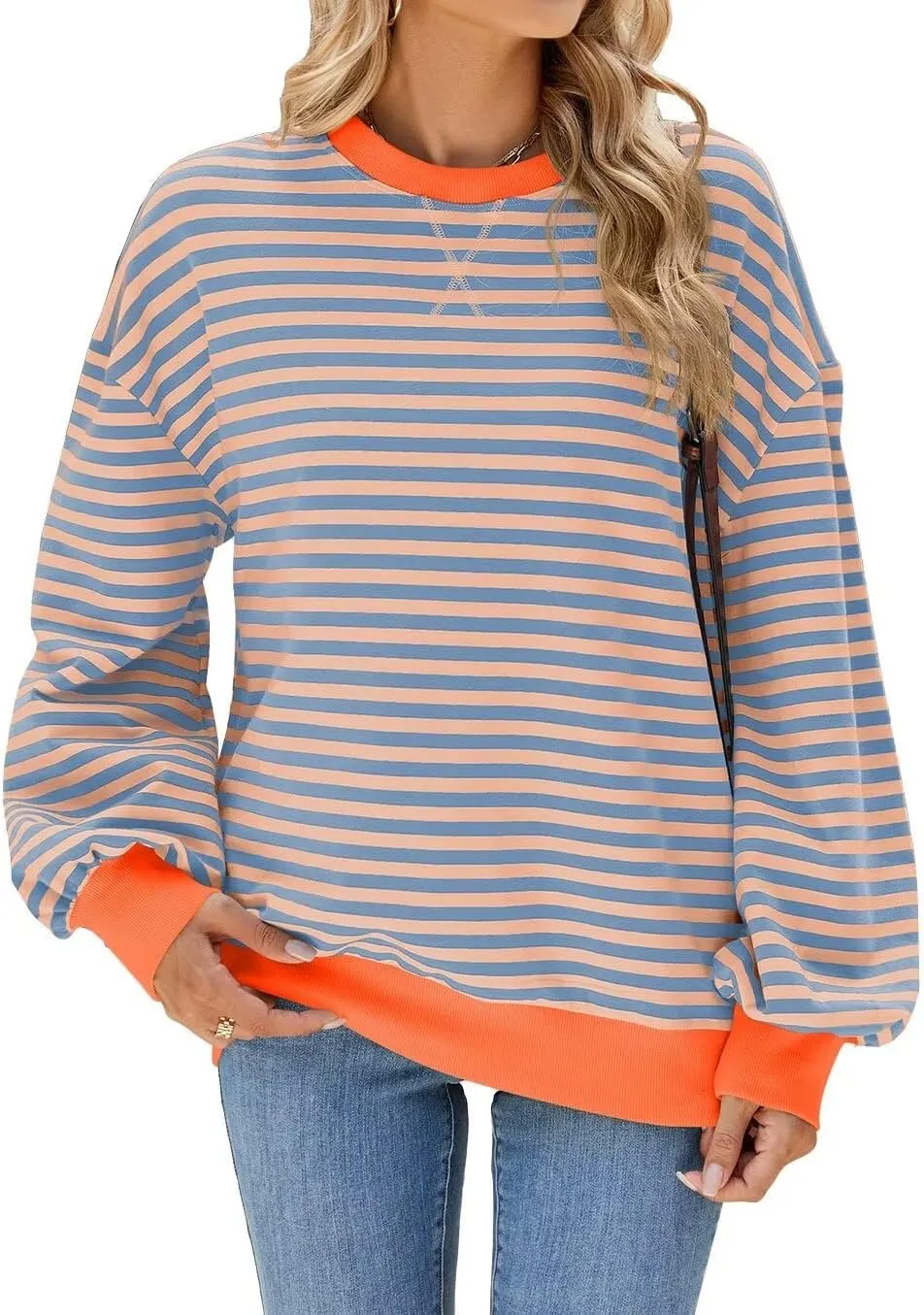 WELINCO Womens Oversized Striped Color Block Sweatshirts Long Sleeve Crewneck Casual Loose Fitting Pullovers Tops Shirts