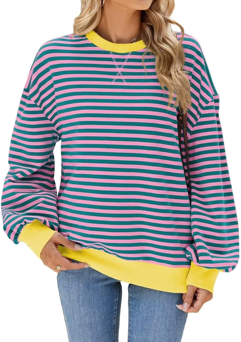 WELINCO Womens Oversized Striped Color Block Sweatshirts Long Sleeve Crewneck Casual Loose Fitting Pullovers Tops Shirts