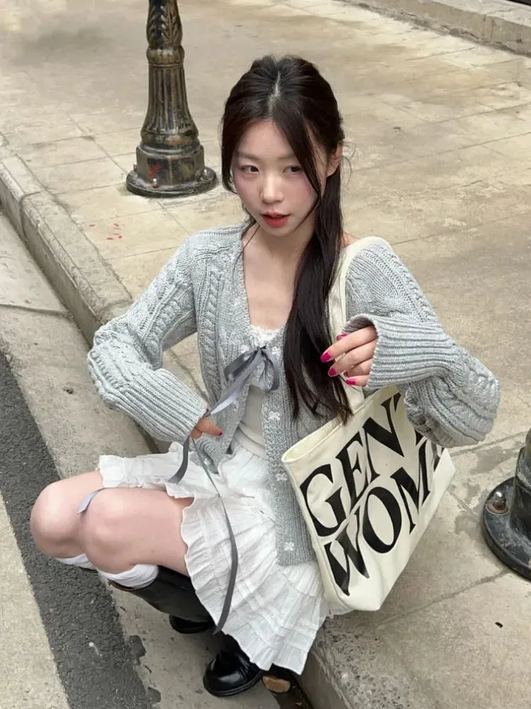 Wenkouban Korean Fashion Grey Cardigans Women Sweet Gil Bow Bandage Coquette Knitted Sweater Mujer Casual Long Sleeve Tops Autumn 240923