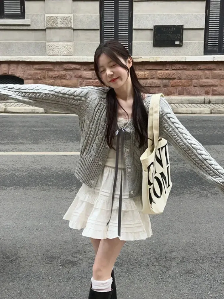 Wenkouban Korean Fashion Grey Cardigans Women Sweet Gil Bow Bandage Coquette Knitted Sweater Mujer Casual Long Sleeve Tops Autumn 240923