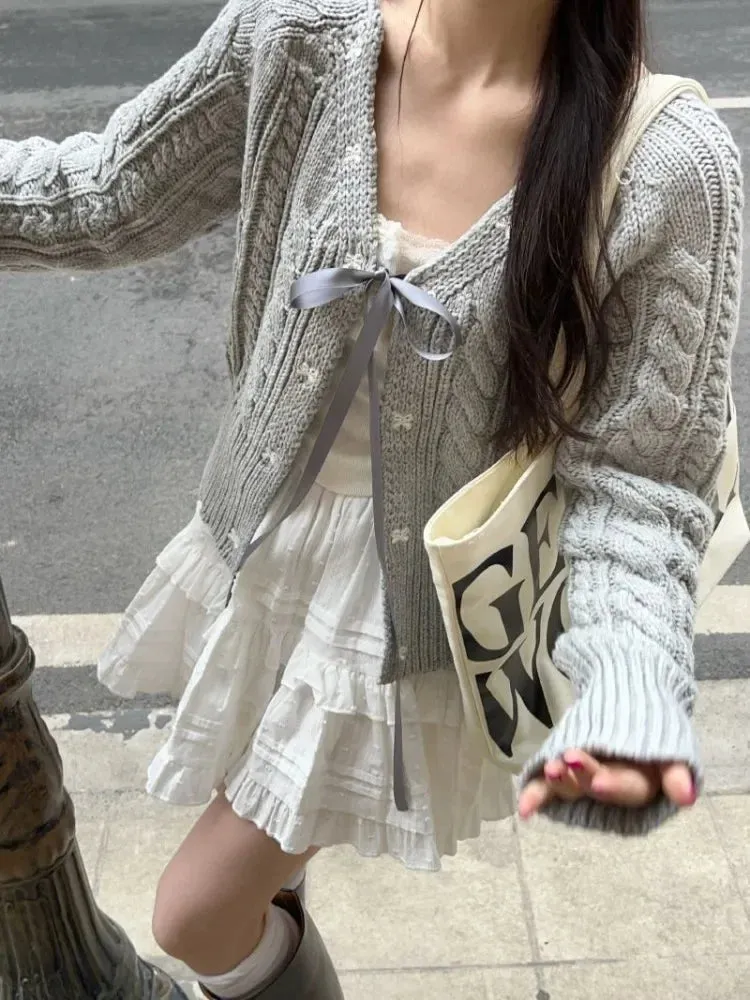 Wenkouban Korean Fashion Grey Cardigans Women Sweet Gil Bow Bandage Coquette Knitted Sweater Mujer Casual Long Sleeve Tops Autumn 240923