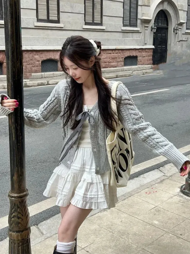 Wenkouban Korean Fashion Grey Cardigans Women Sweet Gil Bow Bandage Coquette Knitted Sweater Mujer Casual Long Sleeve Tops Autumn 240923