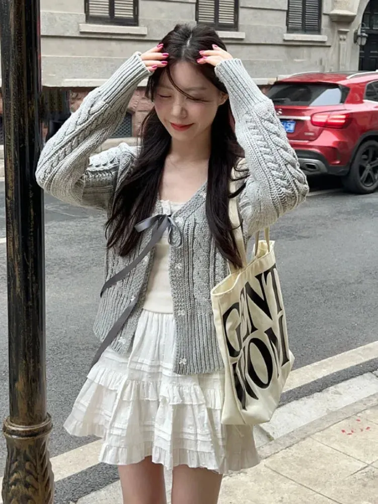 Wenkouban Korean Fashion Grey Cardigans Women Sweet Gil Bow Bandage Coquette Knitted Sweater Mujer Casual Long Sleeve Tops Autumn 240923