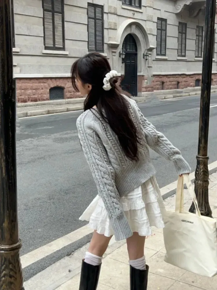 Wenkouban Korean Fashion Grey Cardigans Women Sweet Gil Bow Bandage Coquette Knitted Sweater Mujer Casual Long Sleeve Tops Autumn 240923