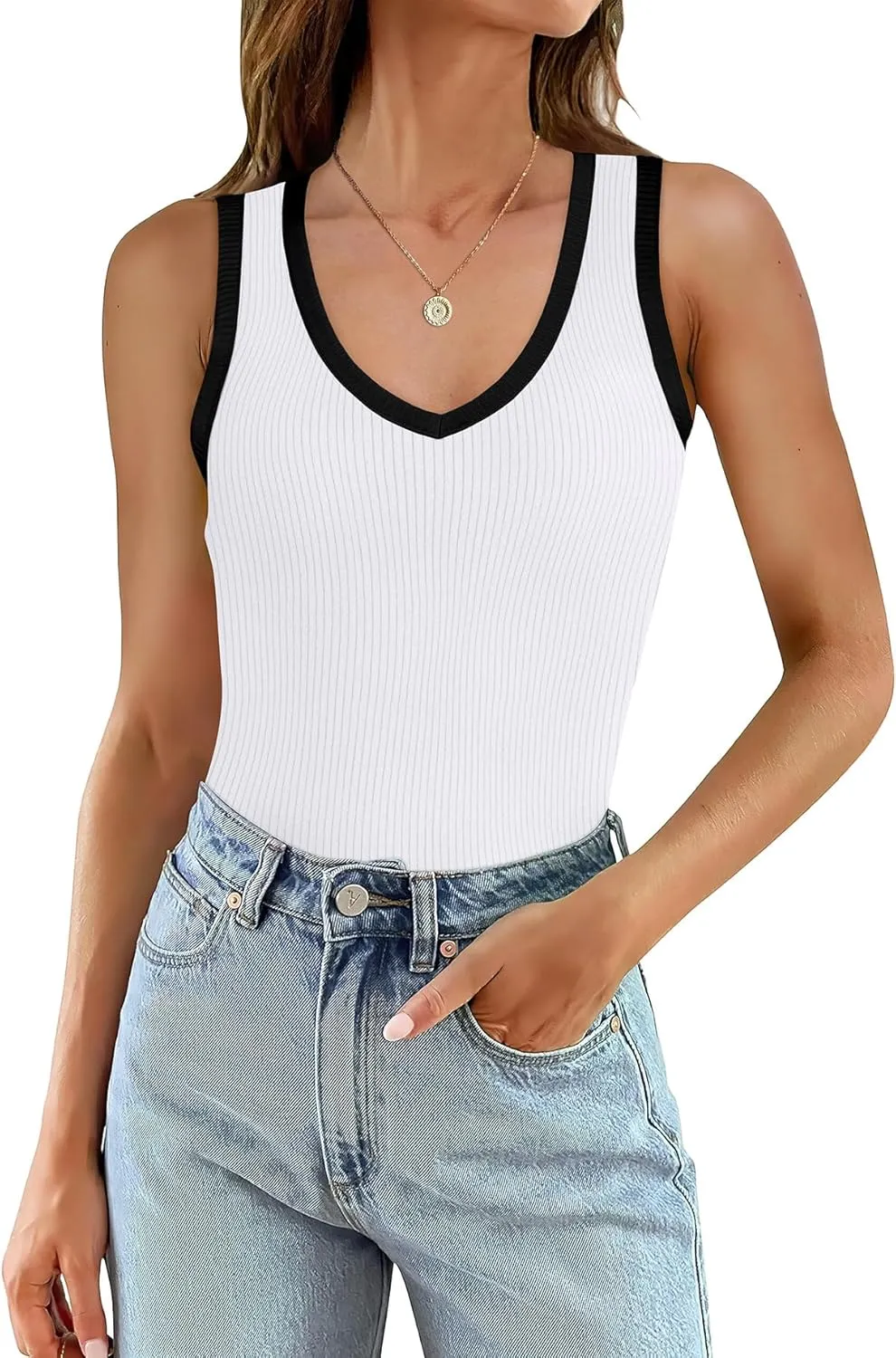 WIHOLL Womens Ribbed Tank Tops 2025 Summer V Neck Slim Fitted Tops Casual Basic Knit Sleeveless Shirts