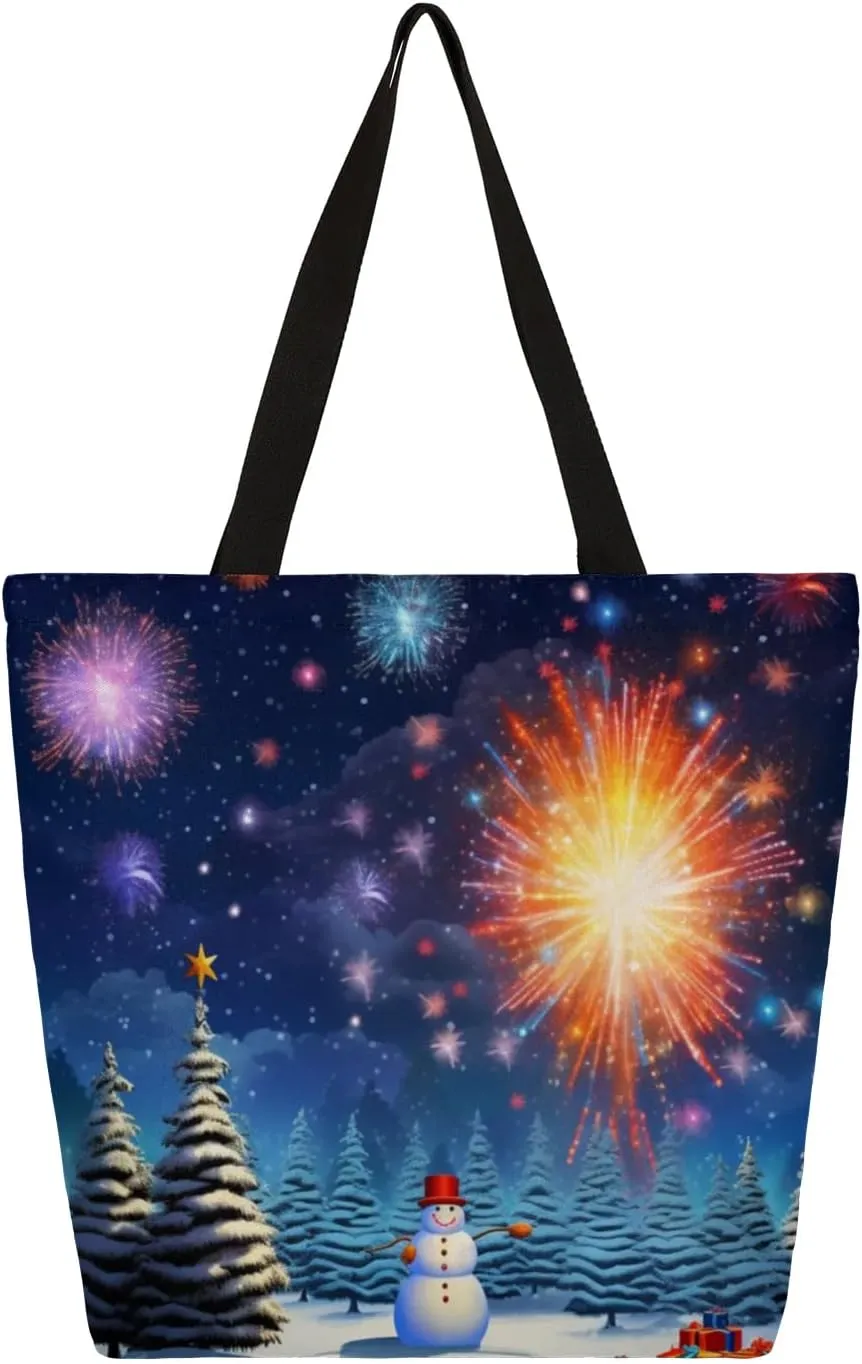 Winter Snowman Firework Canvas Tote Bag for Women Heavy Duty Canvas Bag Beach Bags Reusable Grocery Shopping Bags Tote Bag Gym Shoulder Bag with Inner Pocket