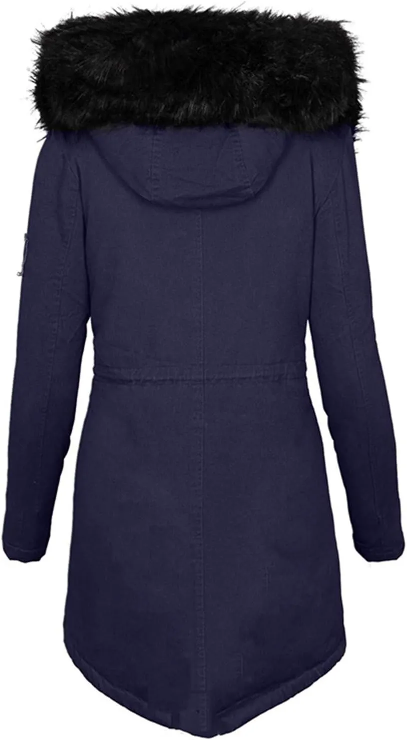 with Hood Winter Parka Jackets Fleece Lined Coats Ladies Padded Thermal Overcoat with Faux Hooded Windproof Thicken