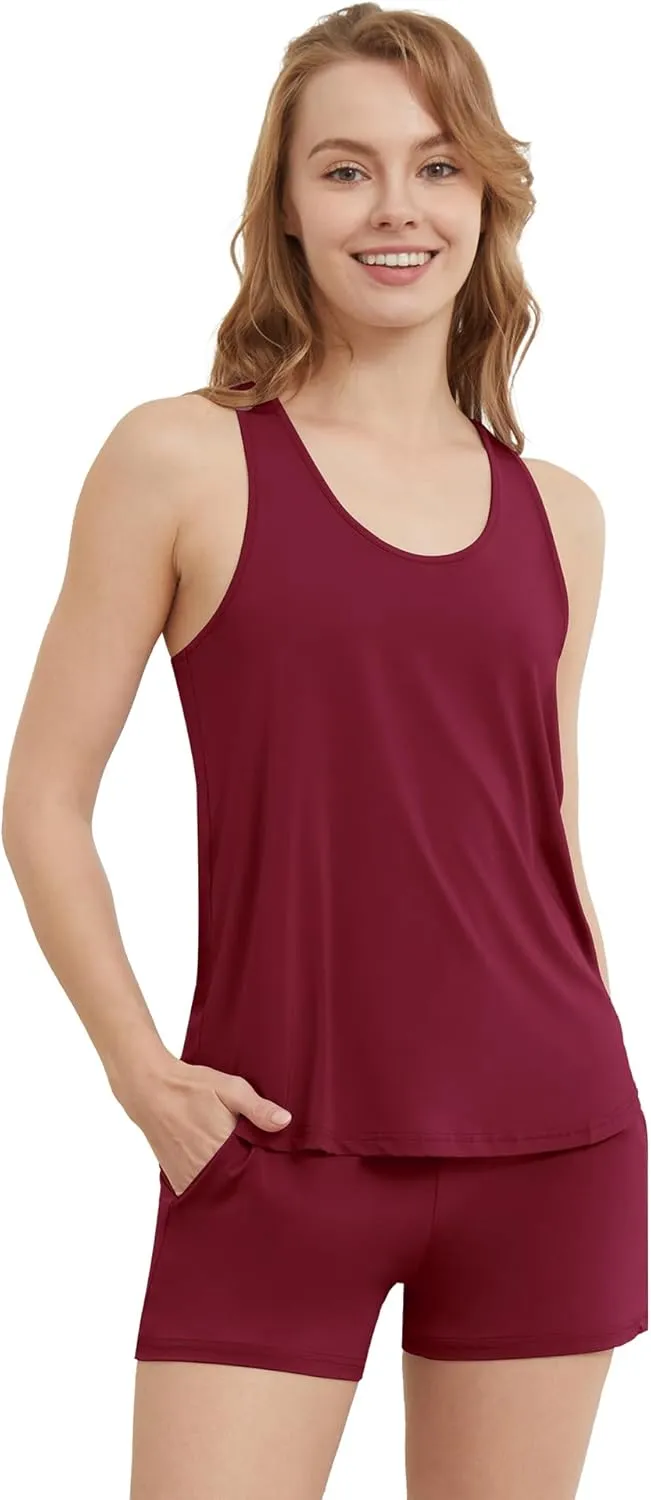 WiWi Pajamas Set for Women Filament Viscose from Bamboo Tank Top and Shorts Racerback Sleepwear Sleeveless Pjs S-XXL