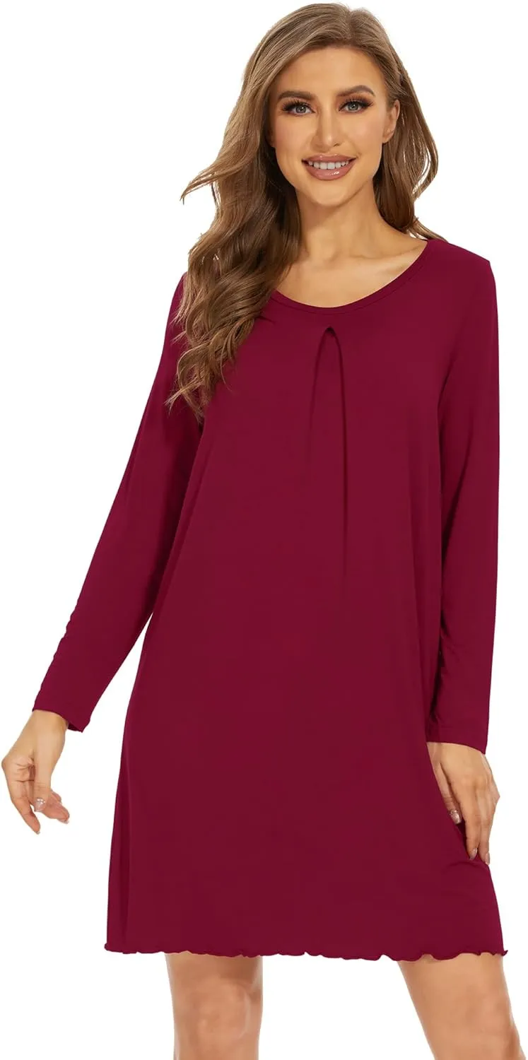 WiWi Women's Viscose from Bamboo Nightgowns Long Sleeve Crewneck Sleepshirts Casual Loose Gown Soft Sleep Shirt S-XXL