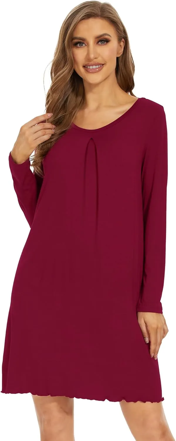 WiWi Women's Viscose from Bamboo Nightgowns Long Sleeve Crewneck Sleepshirts Casual Loose Gown Soft Sleep Shirt S-XXL