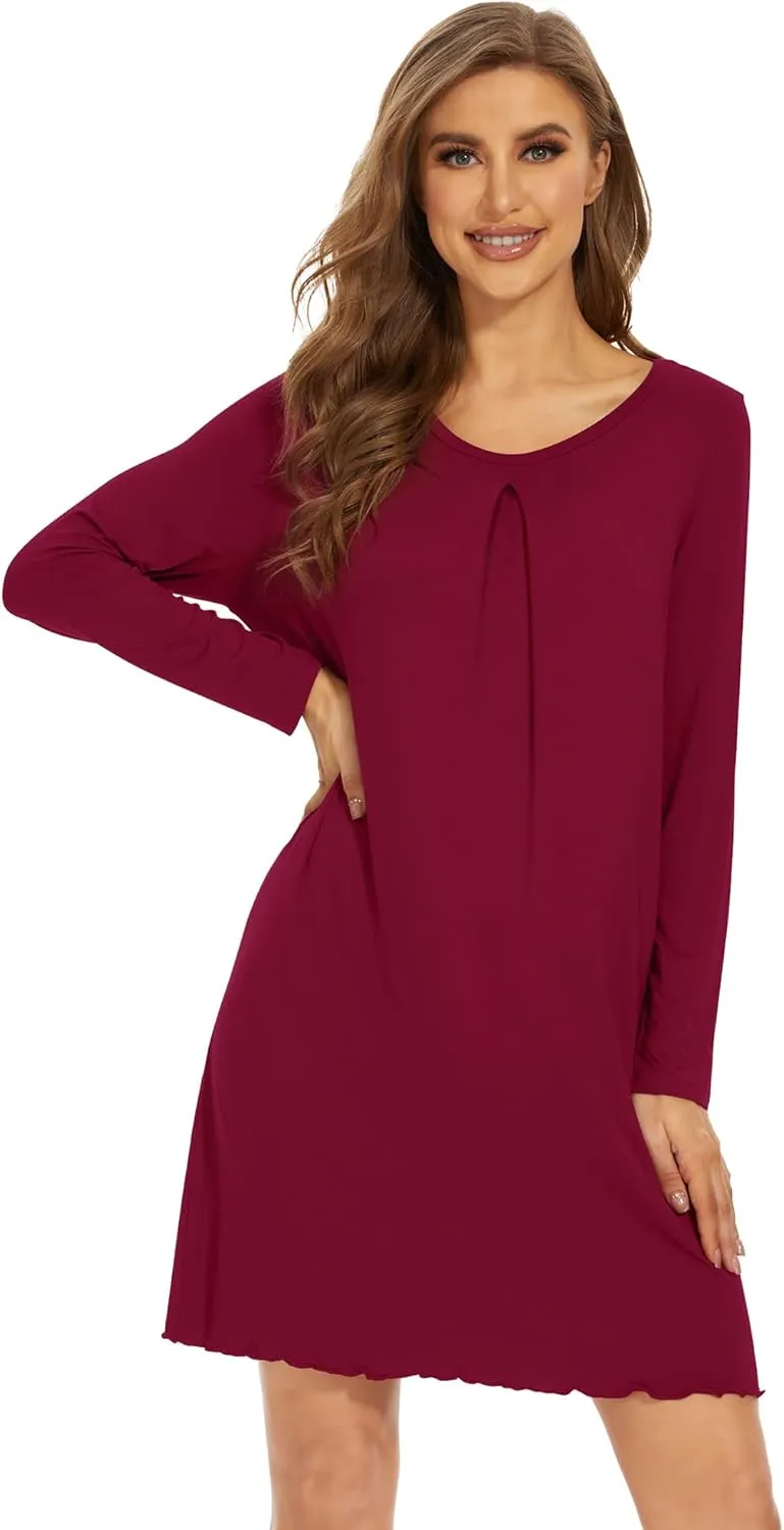 WiWi Women's Viscose from Bamboo Nightgowns Long Sleeve Crewneck Sleepshirts Casual Loose Gown Soft Sleep Shirt S-XXL