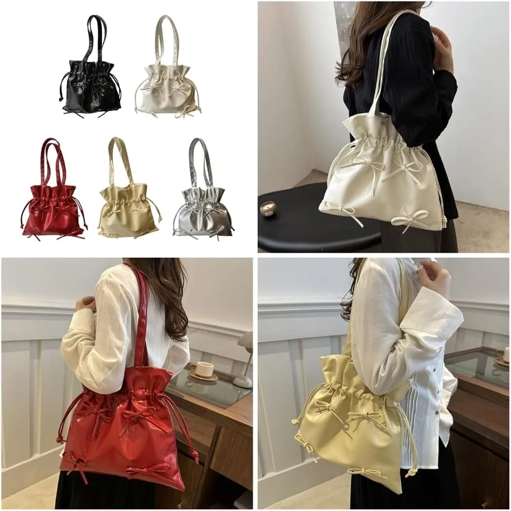 Women Bucket Bag Aesthetic Shoulder Bag PU Leather Handbag Bows Armpit Bag Large Capacity Underarm Bag for Travel