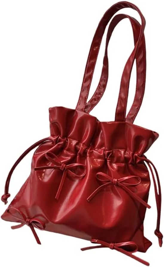 Women Bucket Bag Aesthetic Shoulder Bag PU Leather Handbag Bows Armpit Bag Large Capacity Underarm Bag for Travel