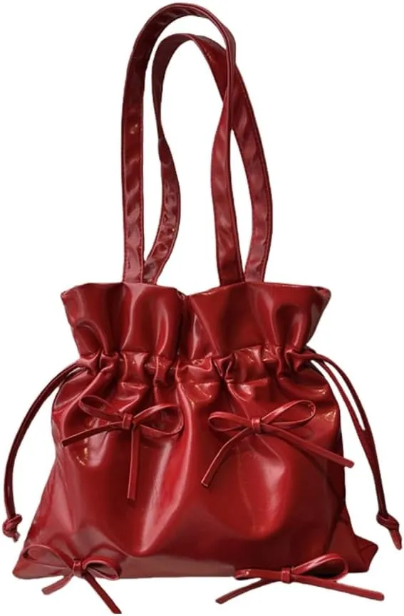 Women Bucket Bag Aesthetic Shoulder Bag PU Leather Handbag Bows Armpit Bag Large Capacity Underarm Bag for Travel
