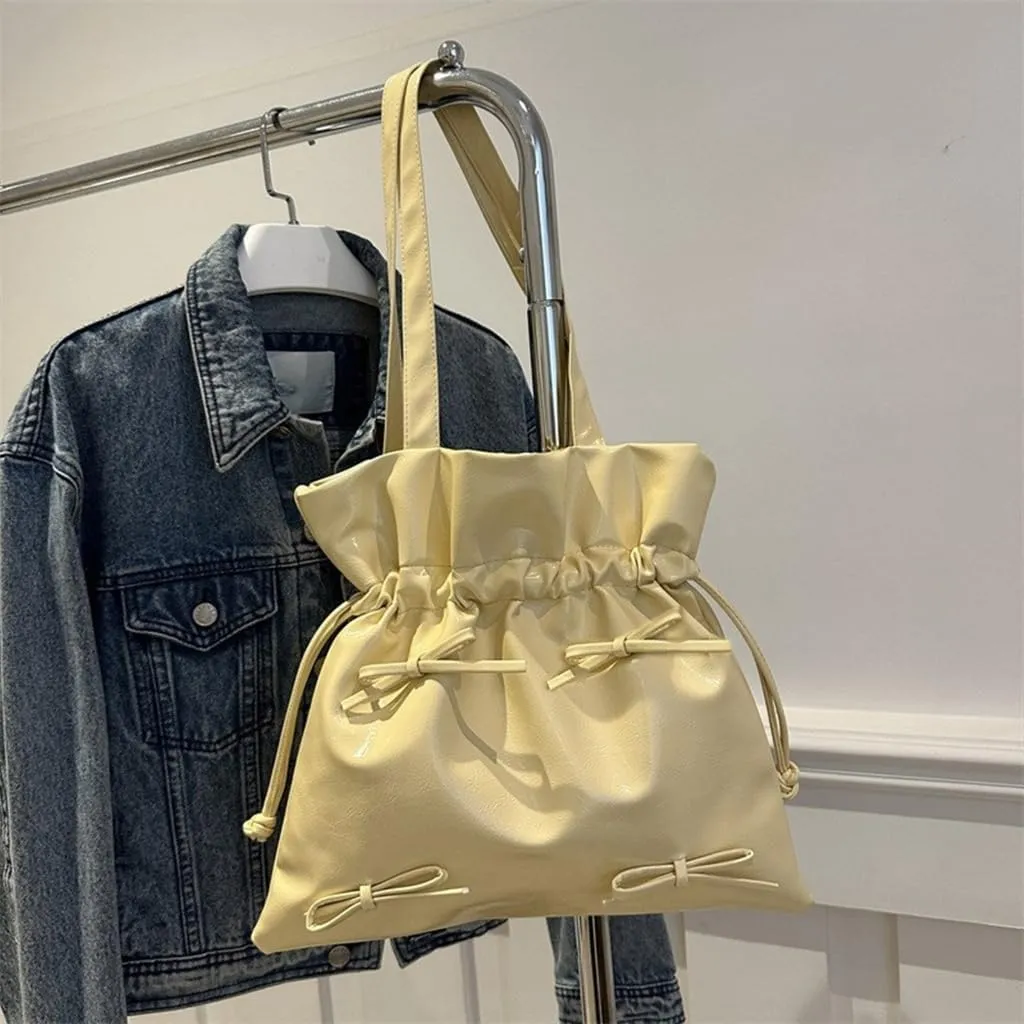 Women Bucket Bag Aesthetic Shoulder Bag PU Leather Handbag Bows Armpit Bag Large Capacity Underarm Bag for Travel