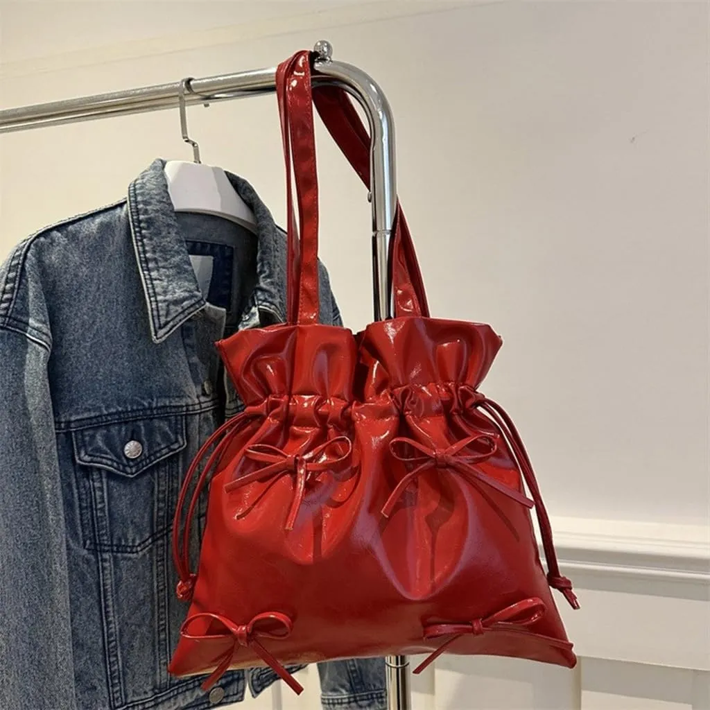 Women Bucket Bag Aesthetic Shoulder Bag PU Leather Handbag Bows Armpit Bag Large Capacity Underarm Bag for Travel
