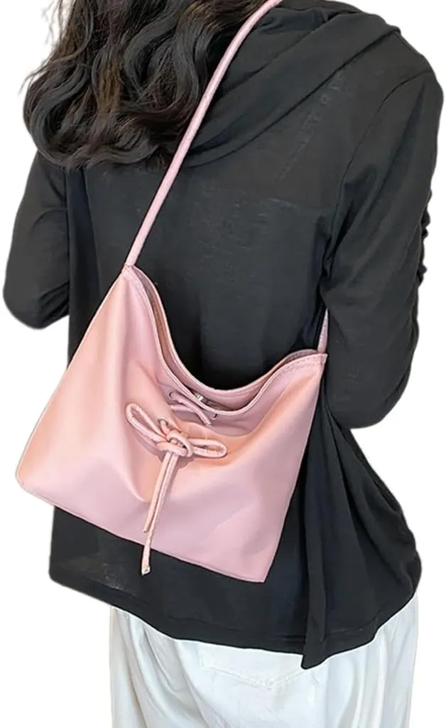 Women Bucket Bag Bows Handbag PU Leather Shoulder Bag Korean Styles Armpit Bag Large Capacity Underarm Bag Shopping Bag