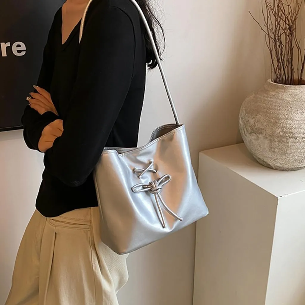Women Bucket Bag Bows Handbag PU Leather Shoulder Bag Korean Styles Armpit Bag Large Capacity Underarm Bag Shopping Bag