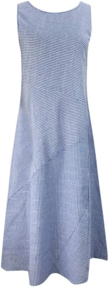 Women Casual Striped Sleeveless Dress Neck Linen Dress Pocket Long T Shirt Dress S, XXL
