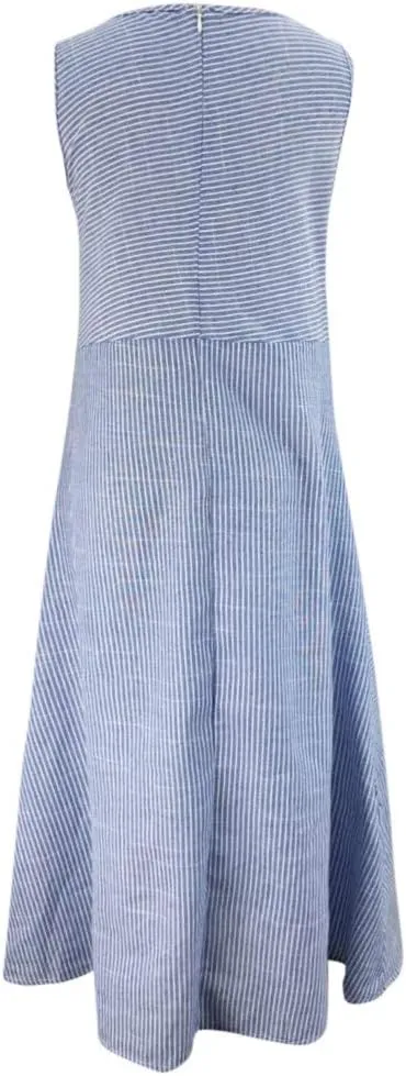 Women Casual Striped Sleeveless Dress Neck Linen Dress Pocket Long T Shirt Dress S, XXL