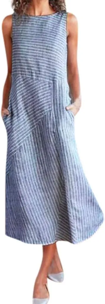 Women Casual Striped Sleeveless Dress Neck Linen Dress Pocket Long T Shirt Dress S, XXL