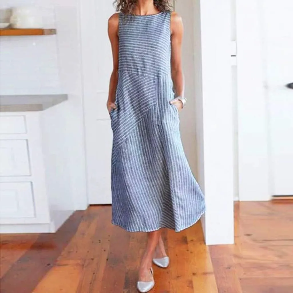 Women Casual Striped Sleeveless Dress Neck Linen Dress Pocket Long T Shirt Dress S, XXL