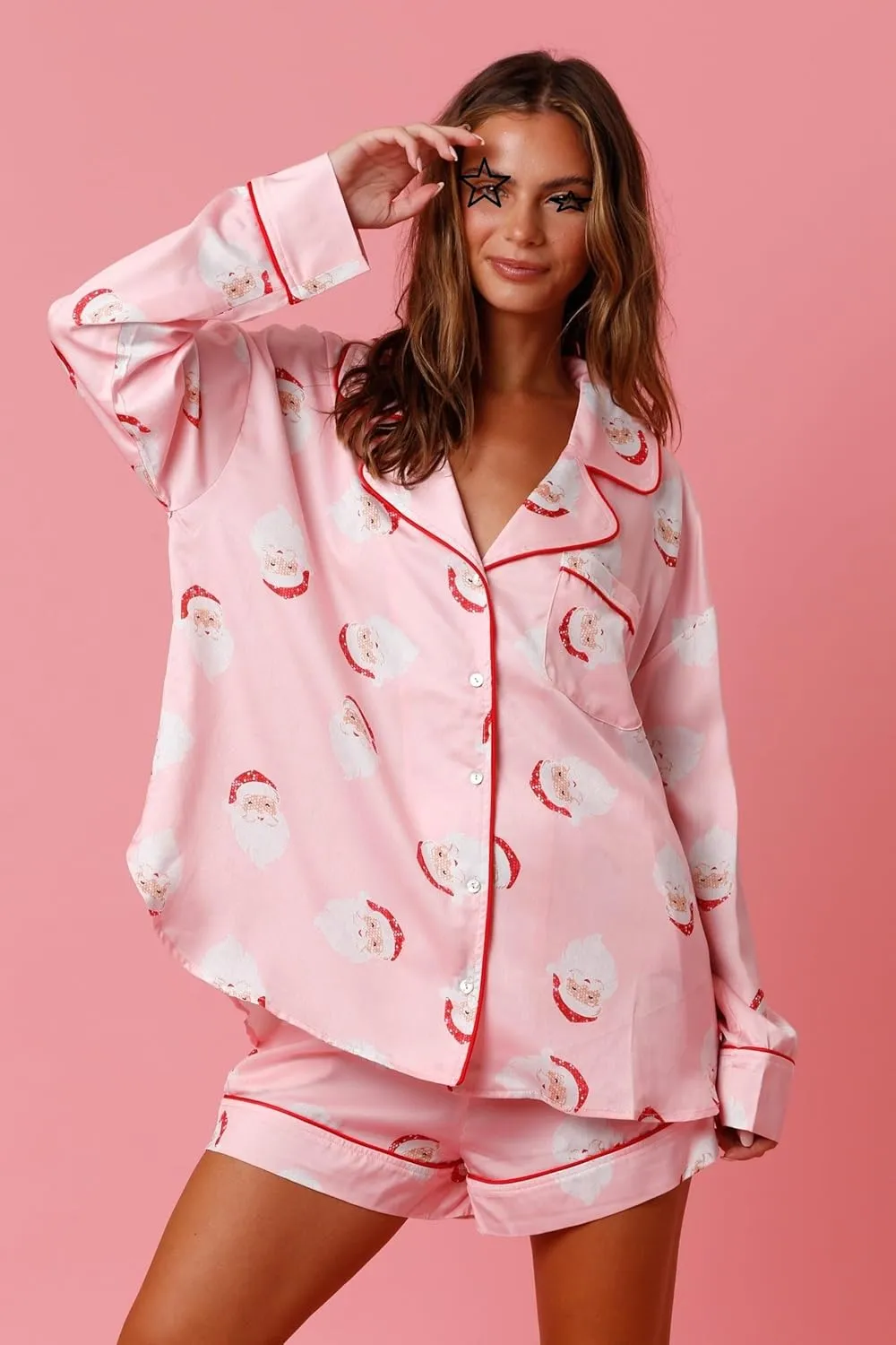 Women Christmas Pajamas Shorts Set Santa Claus Pjs Long Sleeve Button Down Shirt Pants 2 Piece Xmas Jammies Loungewear