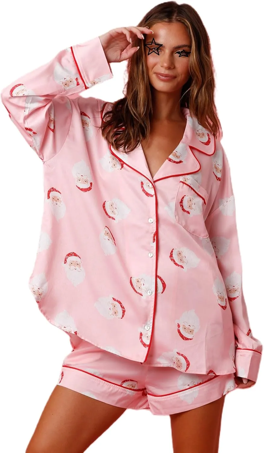Women Christmas Pajamas Shorts Set Santa Claus Pjs Long Sleeve Button Down Shirt Pants 2 Piece Xmas Jammies Loungewear