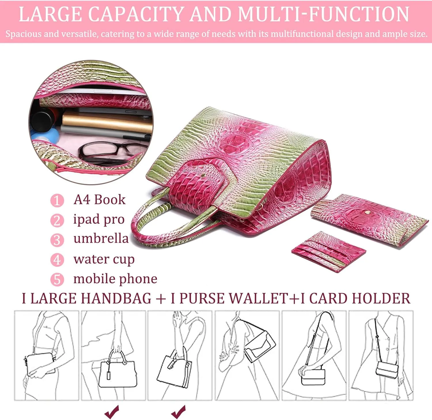 Women Embossed Pattern Satchel Handbags Wallet 3 pcs Set Crossbody Tote Top Handle Vegan Leather Ladies Bag
