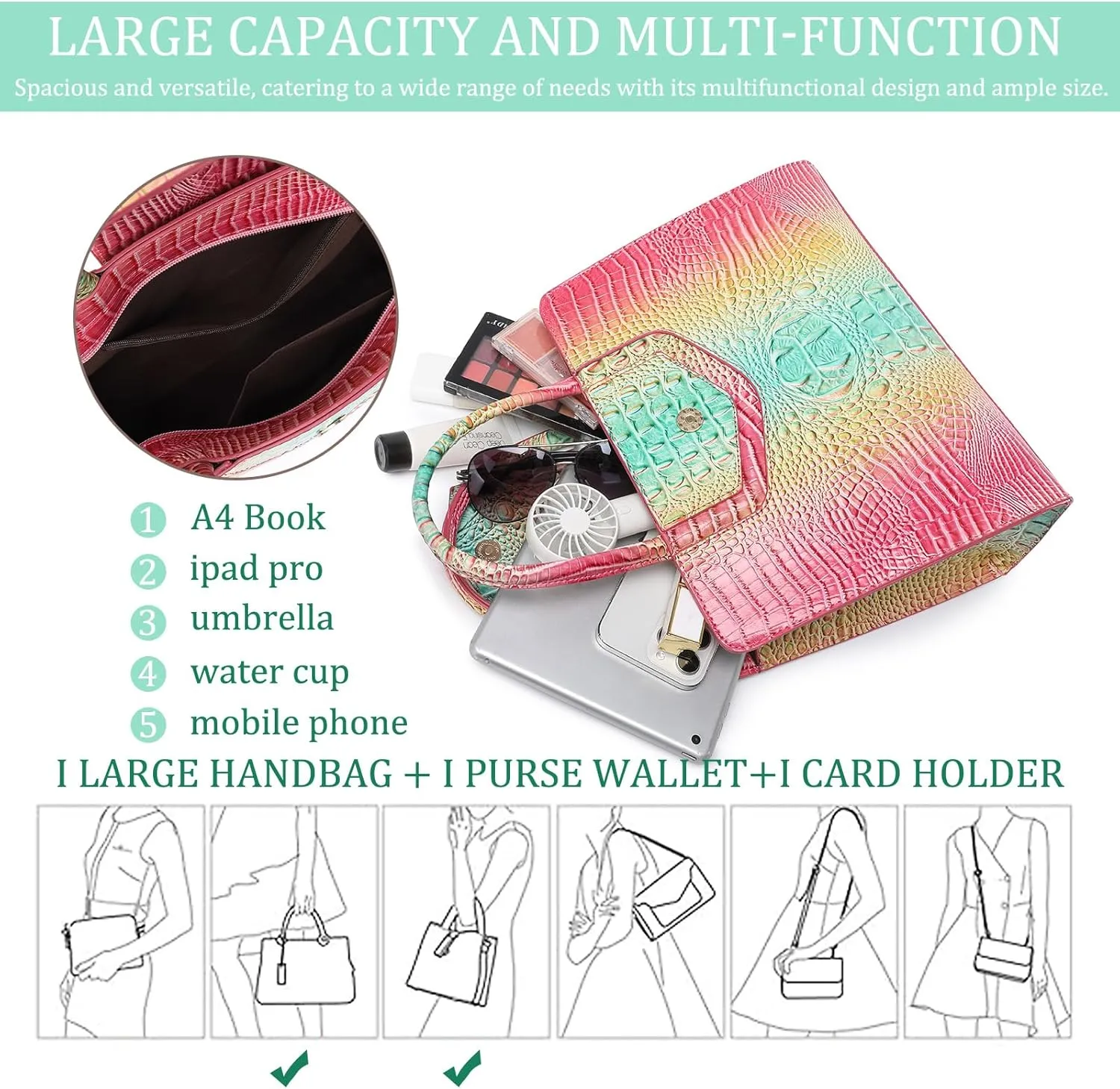 Women Embossed Pattern Satchel Handbags Wallet 3 pcs Set Crossbody Tote Top Handle Vegan Leather Ladies Bag