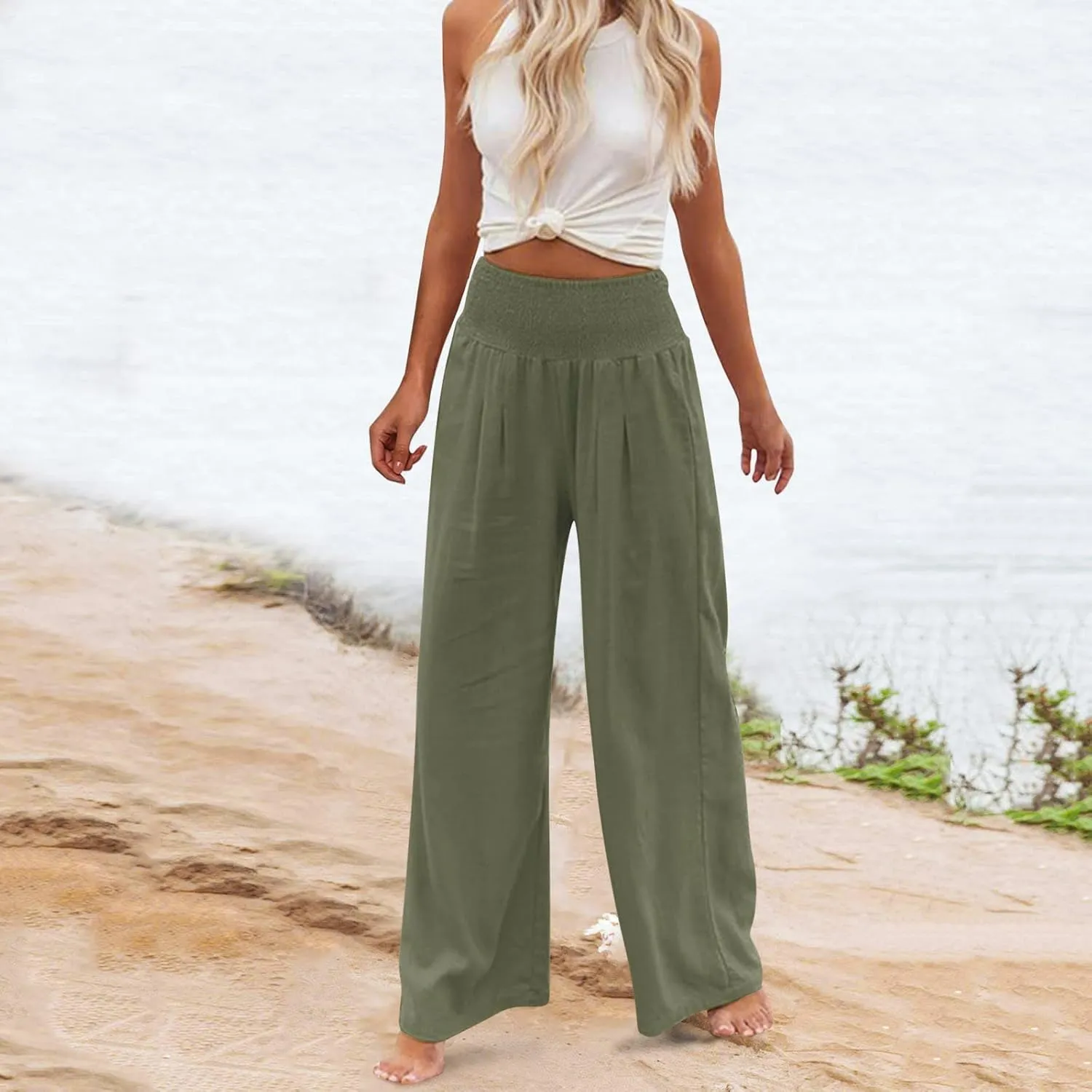 Women Fashion Pants Elastic Waist Pants with Pocket Loose Harem Pants Printed Crop Pants for Women