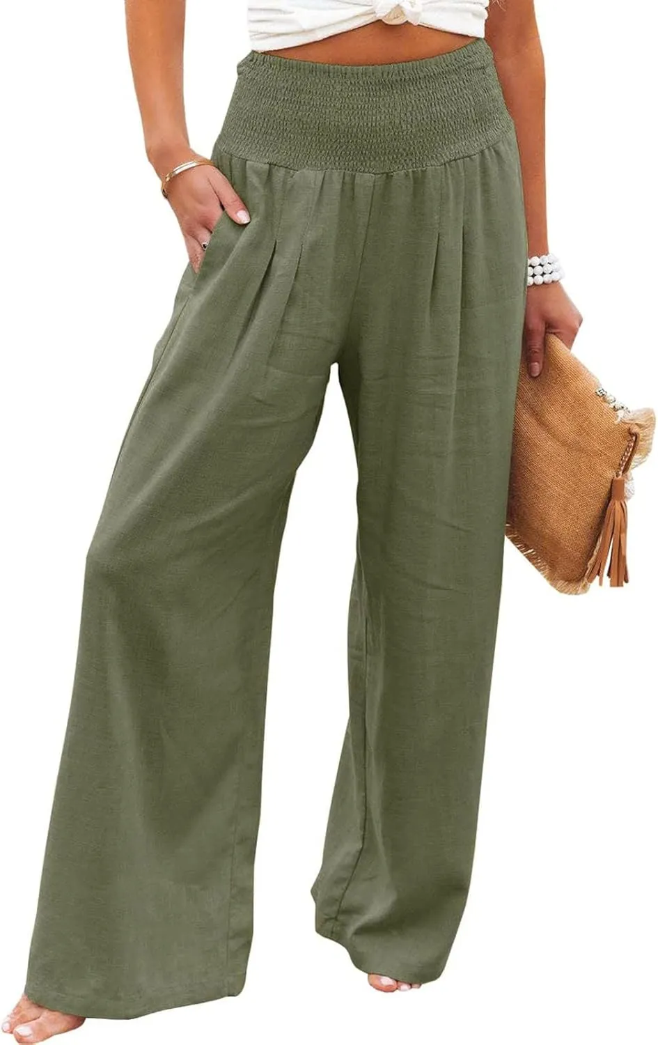 Women Fashion Pants Elastic Waist Pants with Pocket Loose Harem Pants Printed Crop Pants for Women