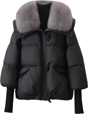 Women Faux Fur Collar Puffer Jacket Loose Warm Thick Snow Jackets Full Zipper Batwing Sleeve Down Jacket with Pocket