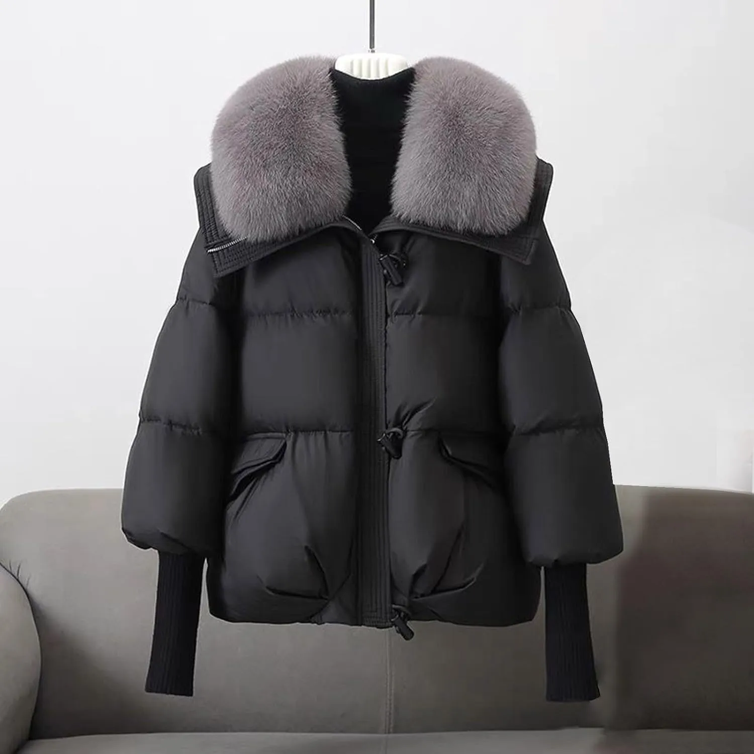 Women Faux Fur Collar Puffer Jacket Loose Warm Thick Snow Jackets Full Zipper Batwing Sleeve Down Jacket with Pocket